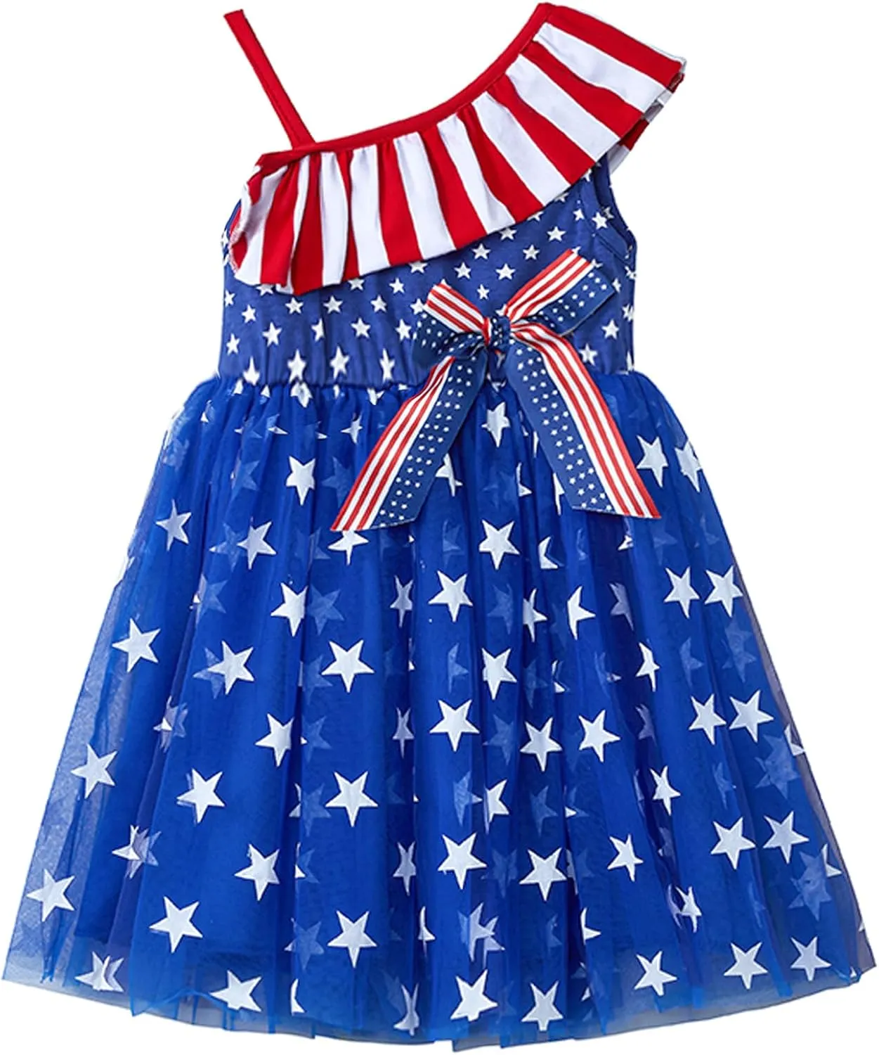 Niyage Toddler Dress Girls 4th of July Independence Baby Stars Stripes American Flag Ruffles One Shoulder Tulle Tutu Sundress