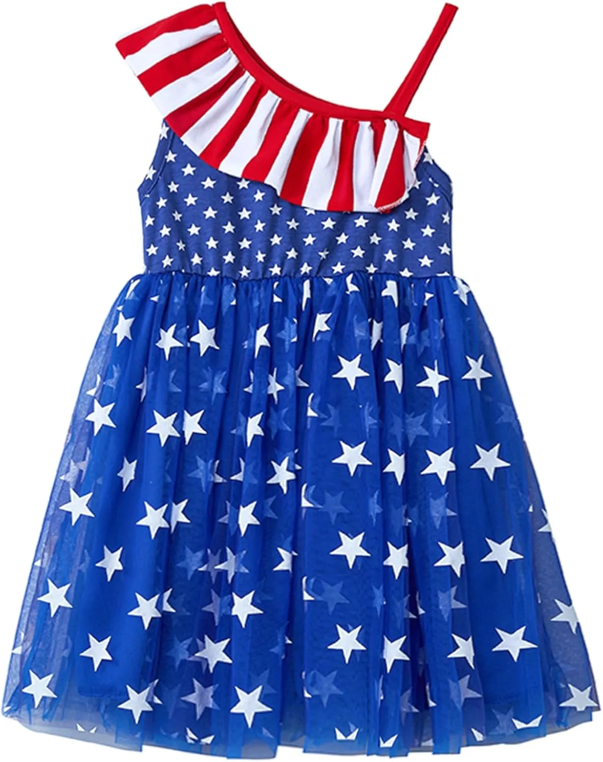 Niyage Toddler Dress Girls 4th of July Independence Baby Stars Stripes American Flag Ruffles One Shoulder Tulle Tutu Sundress