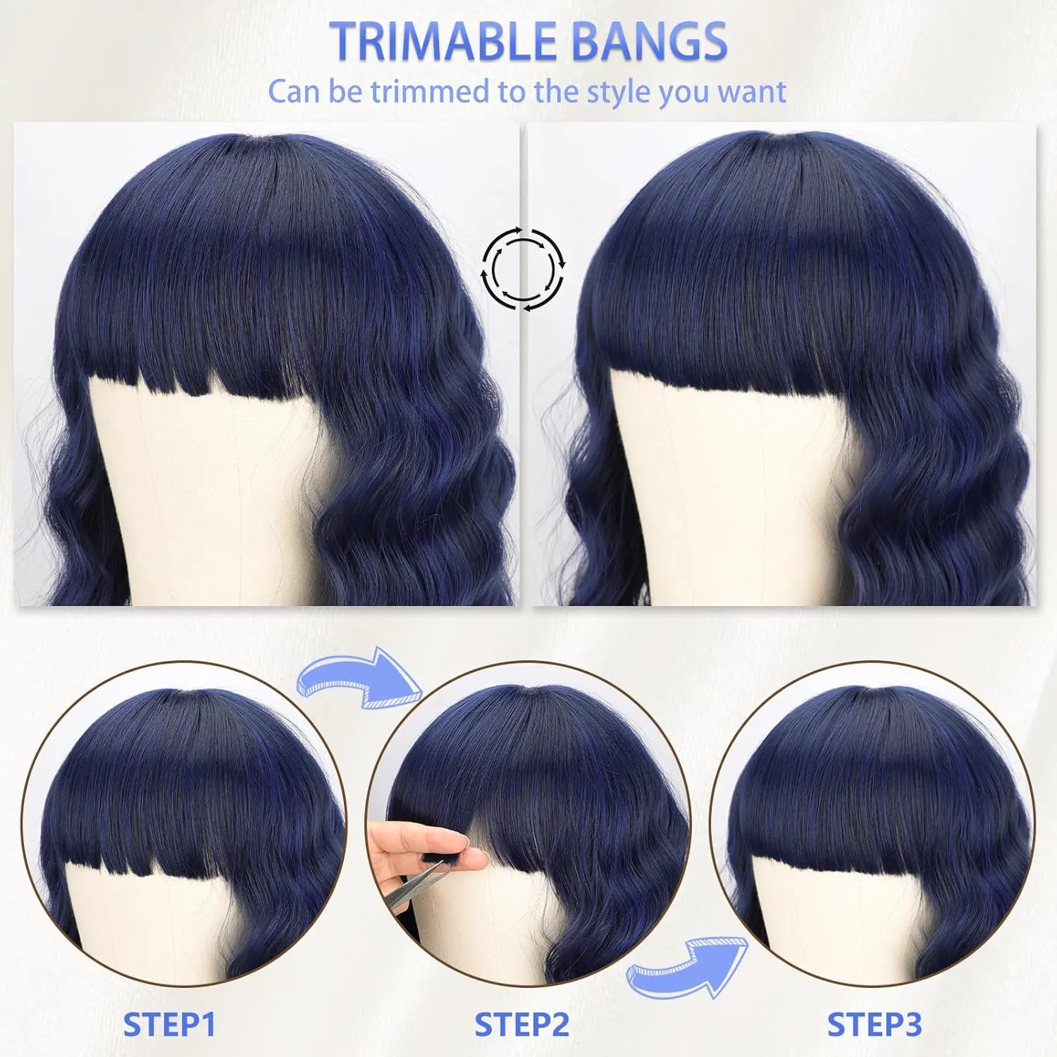 Nnzes Wig with Bangs for Women Short Bob Wavy Charming Synthetic Dark Blue Wigs with Natural Shoulder Length Curly Heat Resistant Hair for Daily Party Use