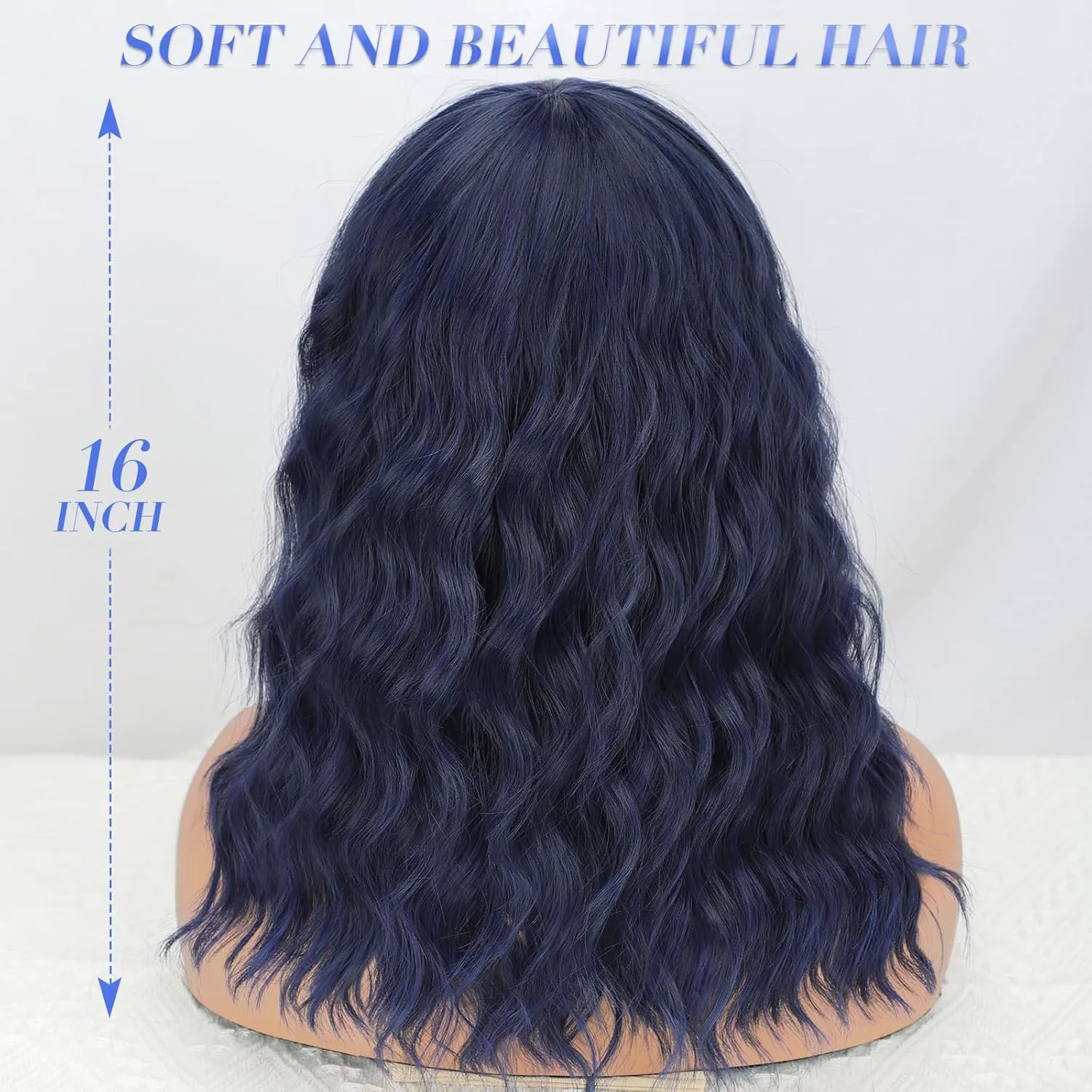 Nnzes Wig with Bangs for Women Short Bob Wavy Charming Synthetic Dark Blue Wigs with Natural Shoulder Length Curly Heat Resistant Hair for Daily Party Use