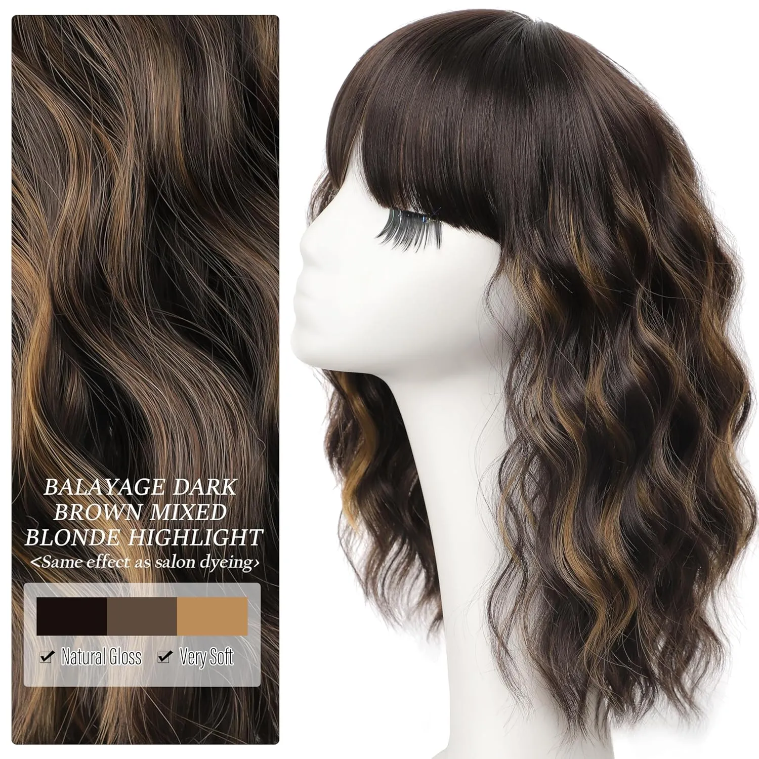 Nnzes Wig with Bangs for Women Shoulder Length Bob Wavy Women's Charming Synthetic Dark Brown mixed blonde highlight Wigs with Natural Curly Heat Resistant Hair for Daily Party Use