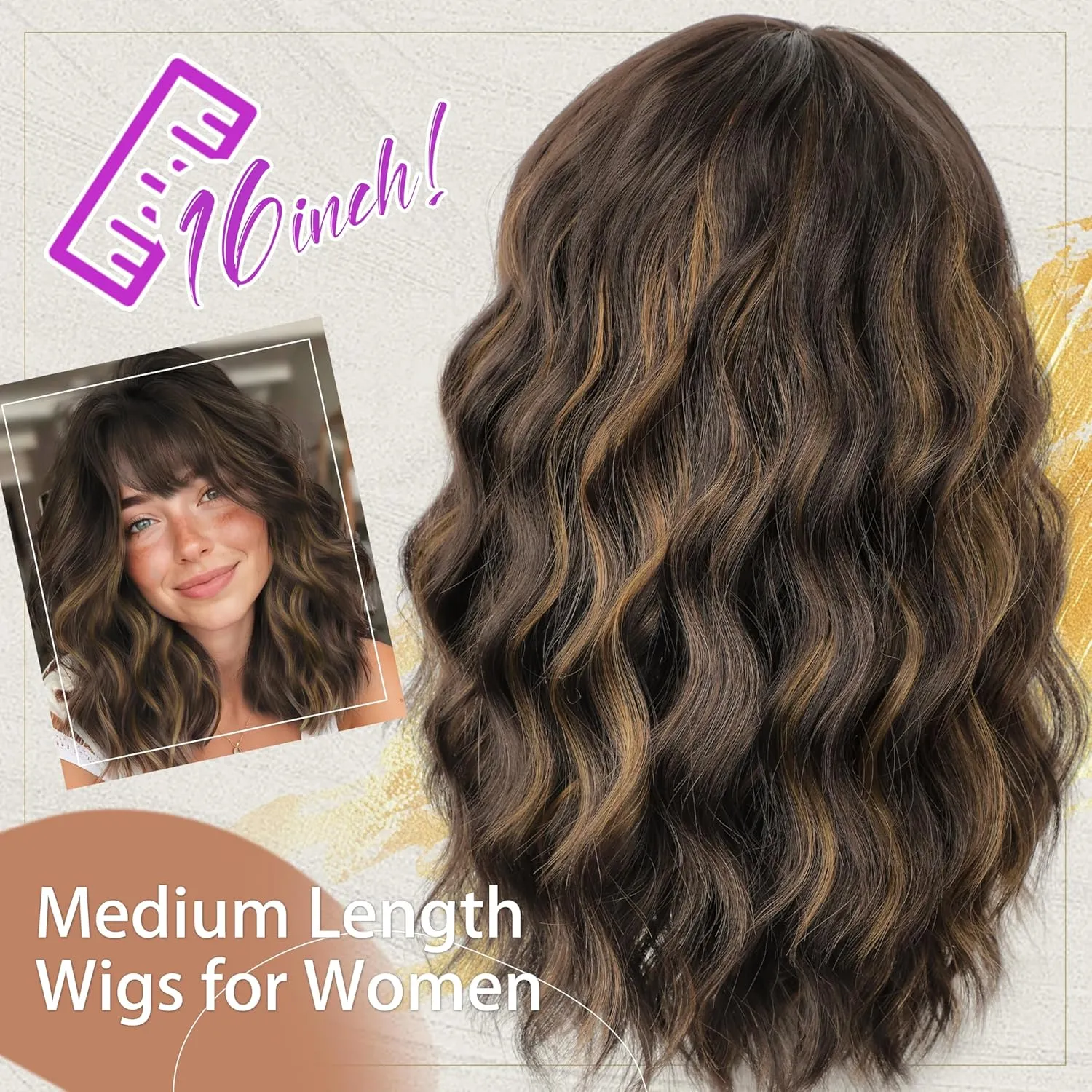 Nnzes Wig with Bangs for Women Shoulder Length Bob Wavy Women's Charming Synthetic Dark Brown mixed blonde highlight Wigs with Natural Curly Heat Resistant Hair for Daily Party Use