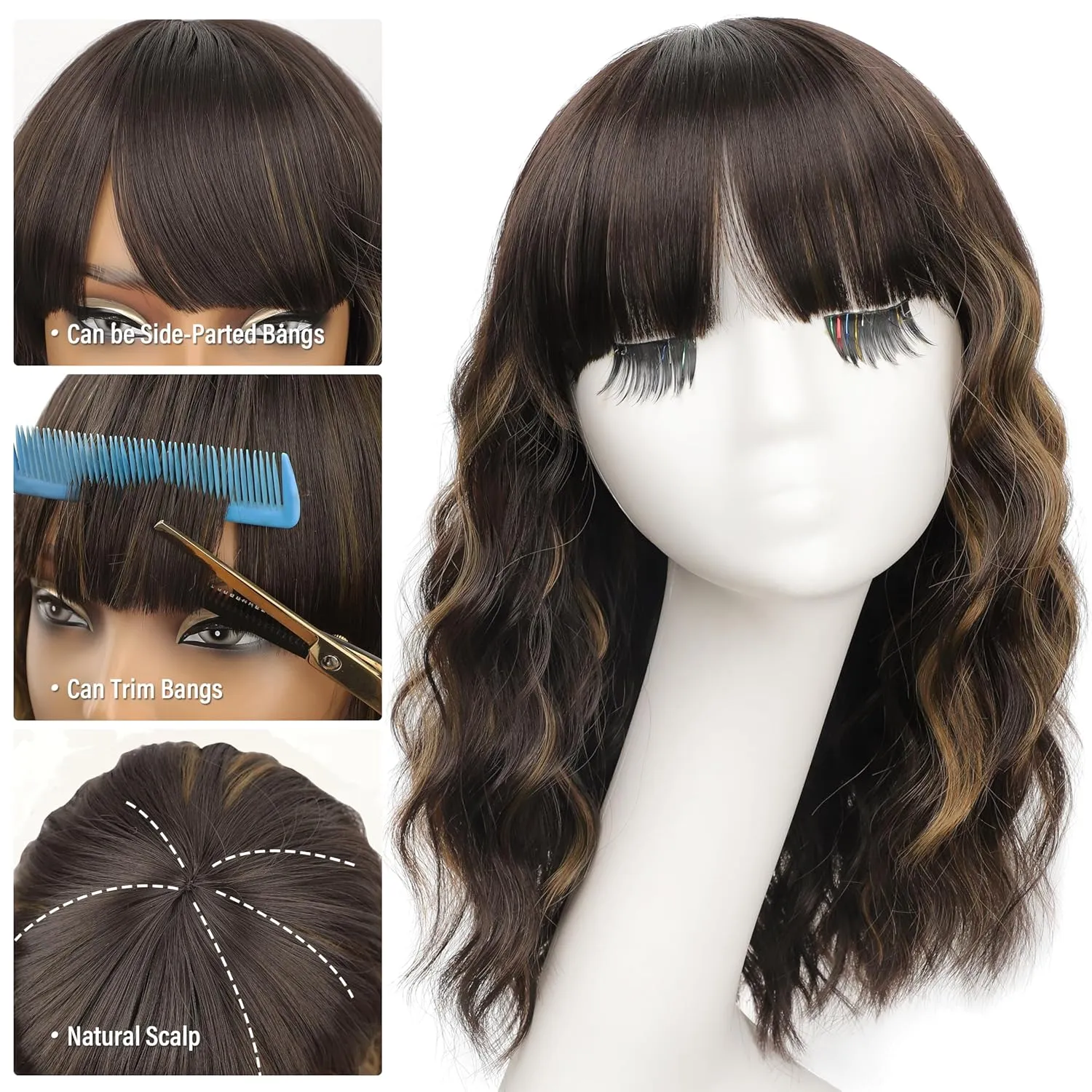 Nnzes Wig with Bangs for Women Shoulder Length Bob Wavy Women's Charming Synthetic Dark Brown mixed blonde highlight Wigs with Natural Curly Heat Resistant Hair for Daily Party Use