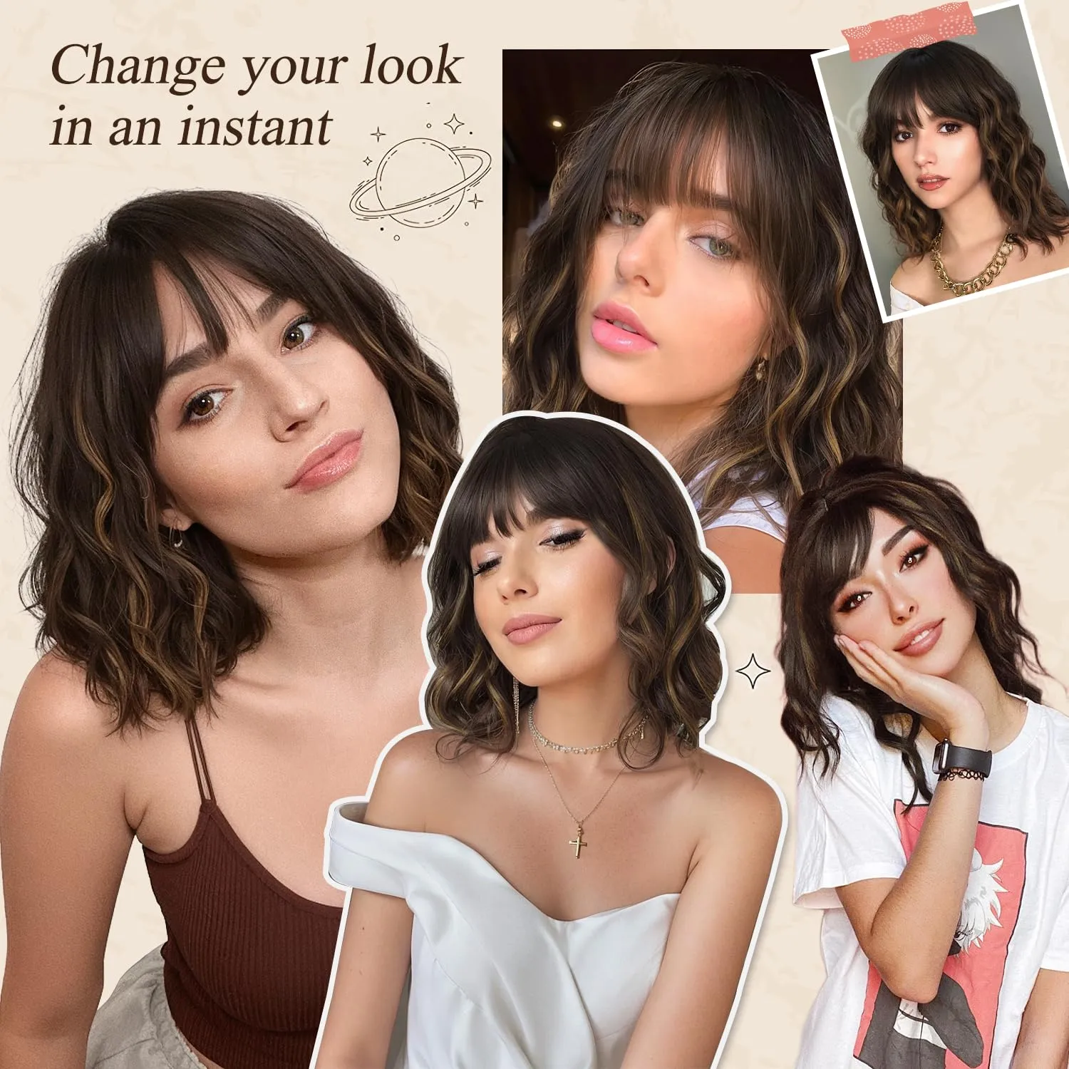 Nnzes Wig with Bangs for Women Shoulder Length Bob Wavy Women's Charming Synthetic Dark Brown mixed blonde highlight Wigs with Natural Curly Heat Resistant Hair for Daily Party Use