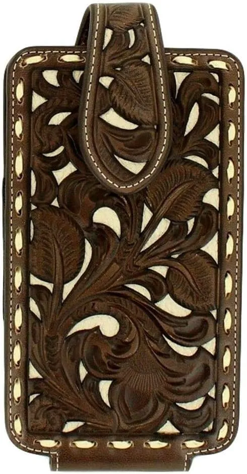 Nocona Belt Co. Unisex Floral Pierced Laced Edge Large Cell Phone Case Holder Tan One Size