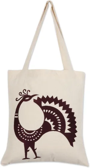 NOVICA Artisan Hand Embroidered Cotton Shoulder Bag Peacock Pattern in Mahogany Handbags Ivory Brown Tote India Embellished Animal Themed Birdpeacock ' Peacock Pose in Mahogany'