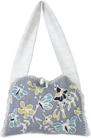 NOVICA Artisan Handmade Cotton Batik Shoulder Bag Butterfly Motif from Thailand Handbags Grey Multicolor Painted Animal Themed Bug Butterflybutterfly ' Butterfly Effect'