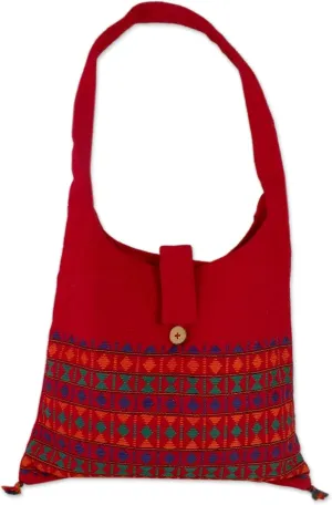 NOVICA Artisan Handmade Cotton Shoulder Bag Red India Wood Handbags Embroidered Embellished ' Crimson Tease'