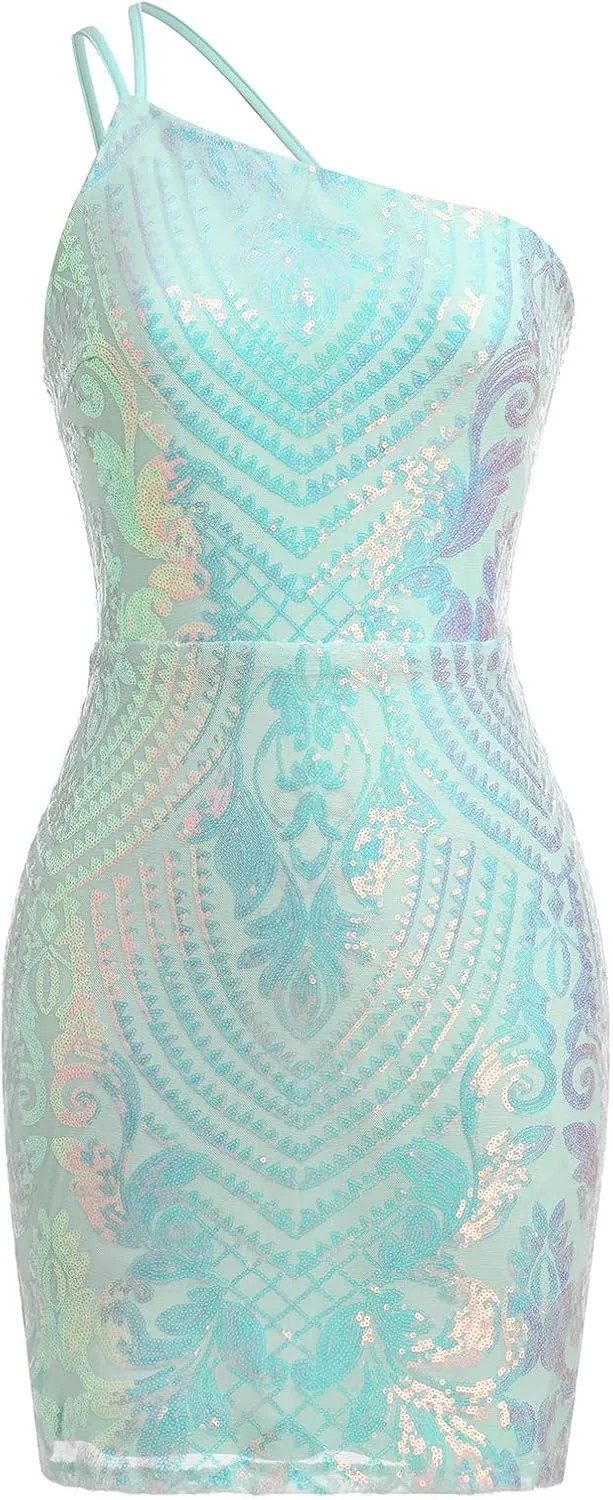 ODIZLI Sequin Dress for Women Short Prom Dresses One Shoulder Evening Party Dress with Slit