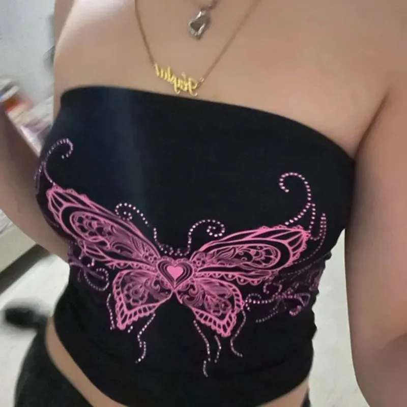 Off Shoulder Butterfly Print Halter Crop Top for Women