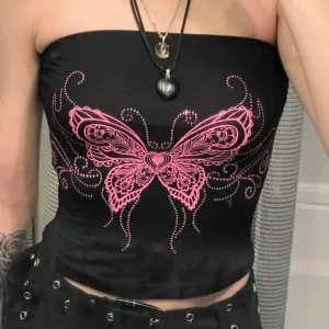 Off Shoulder Butterfly Print Halter Crop Top for Women