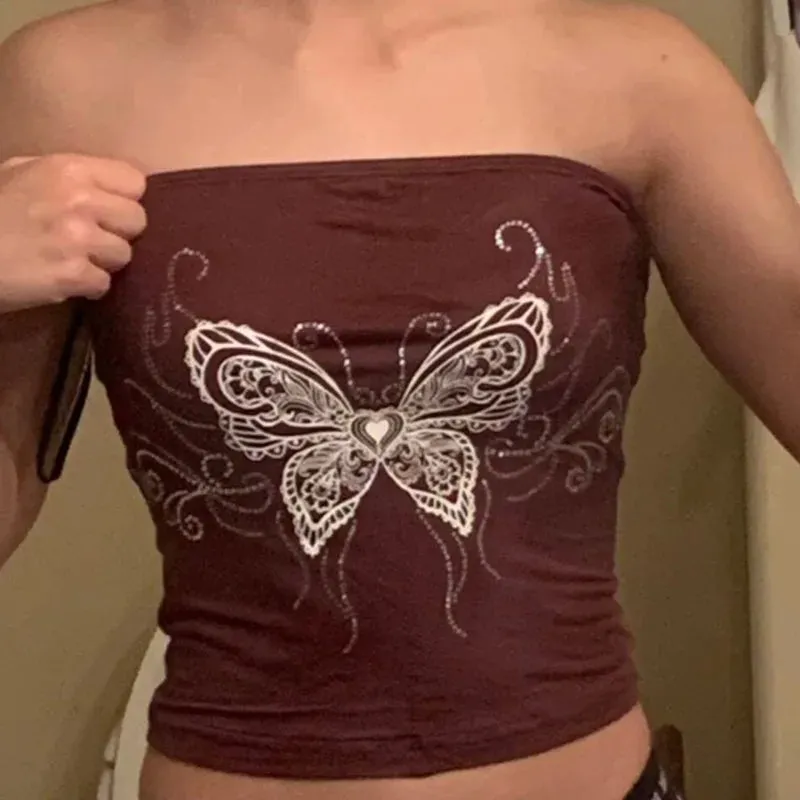 Off Shoulder Butterfly Print Halter Crop Top for Women