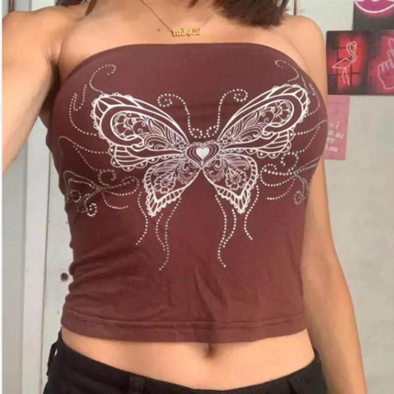 Off Shoulder Butterfly Print Halter Crop Top for Women