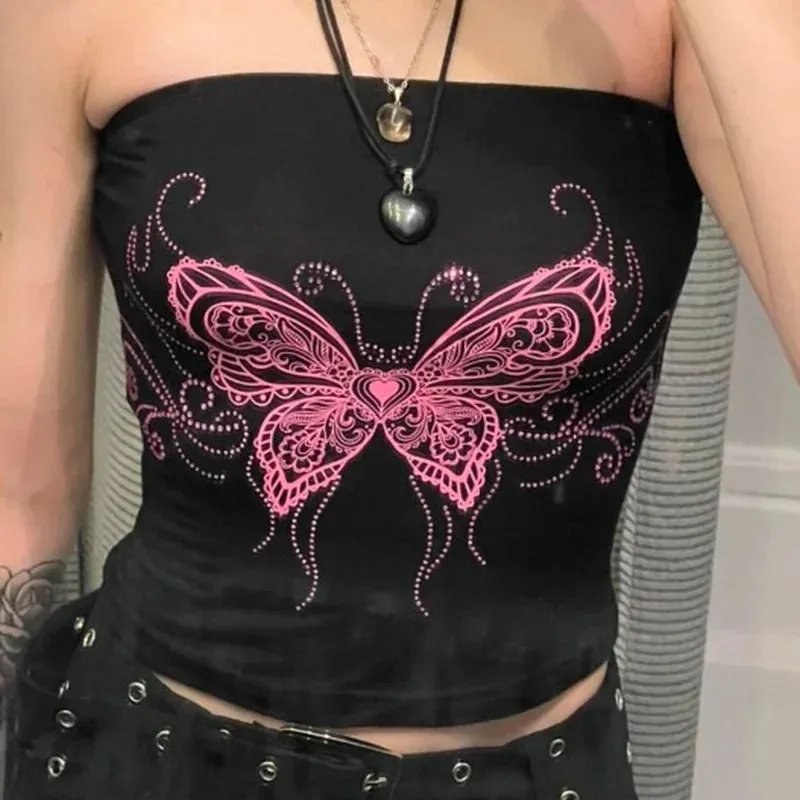 Off Shoulder Butterfly Print Halter Crop Top for Women