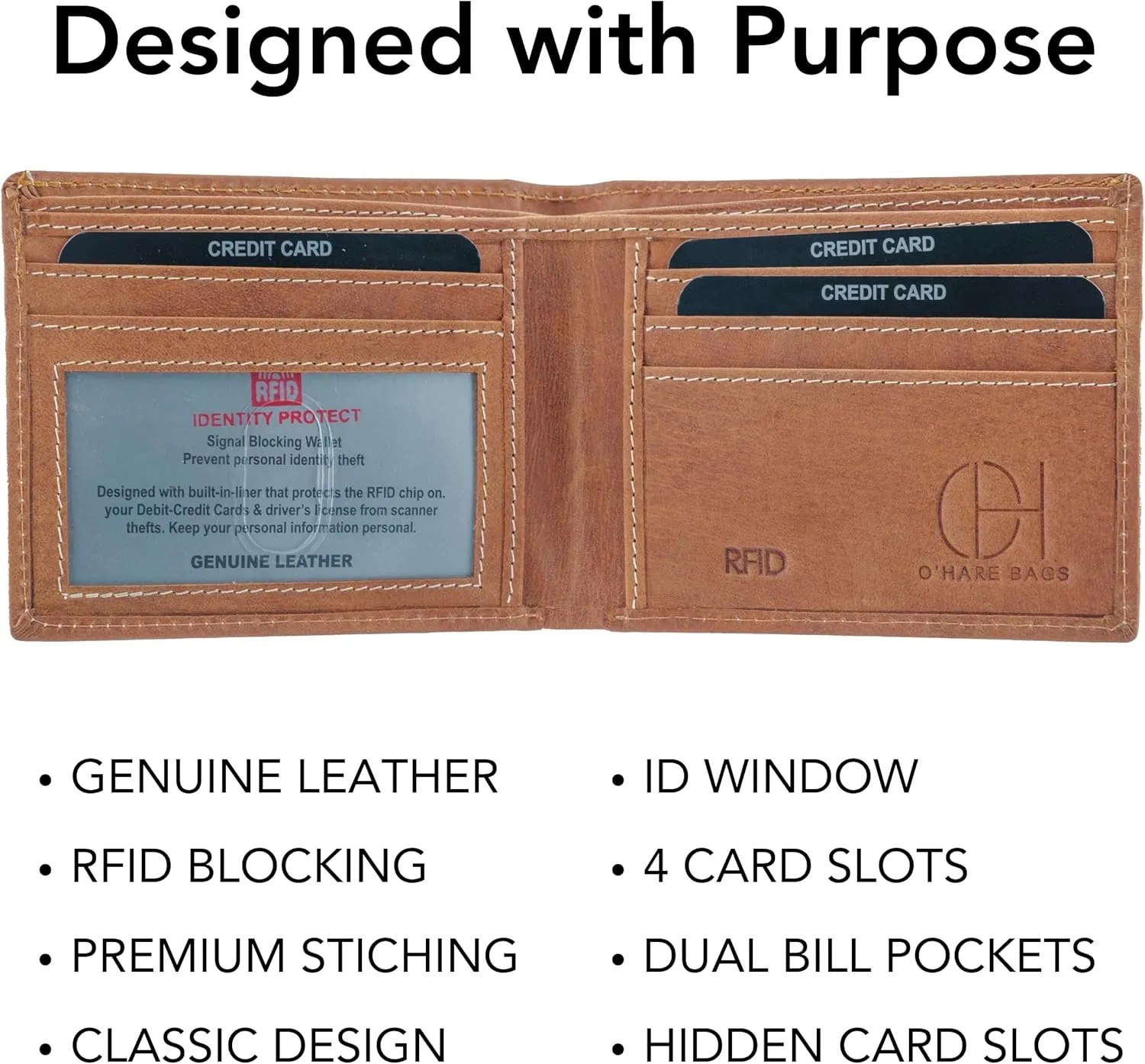 O'Hare Bags Genuine Leather Wallet for Men, RFID Blocking, Cowhide Leather, Extra Capacity, Extra Strong Stitching, (Bifold Wallet, Vintage Brown)