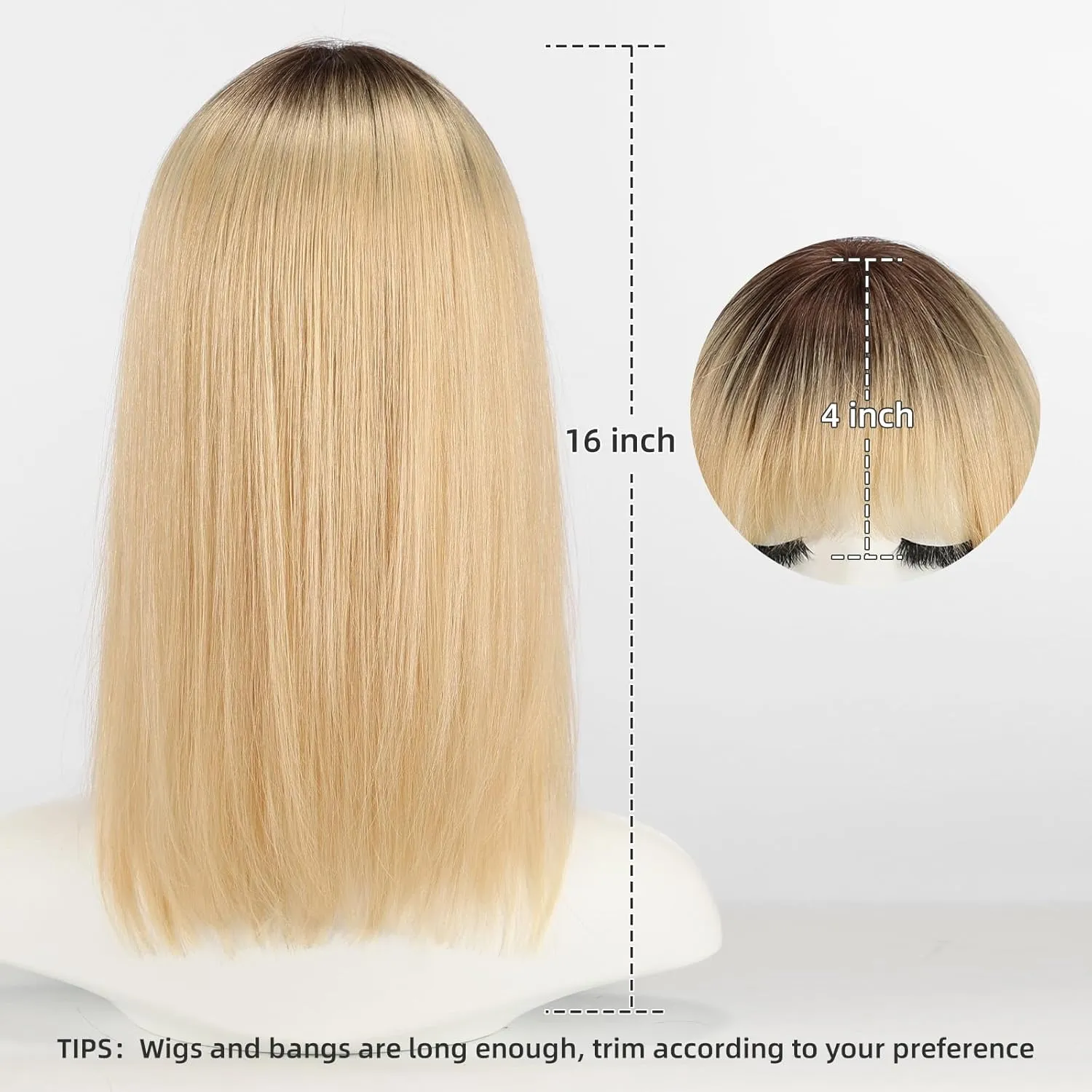 Ombre Blonde 16inch Human Hair Wigs for Women Shoulder Length Layered Real Hair Wig with Natural Look and Bangs