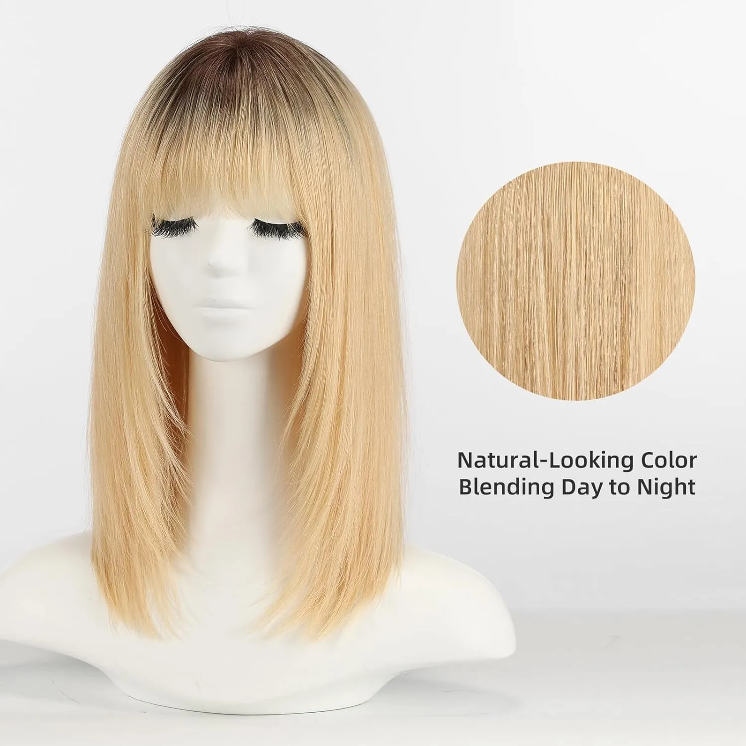 Ombre Blonde 16inch Human Hair Wigs for Women Shoulder Length Layered Real Hair Wig with Natural Look and Bangs