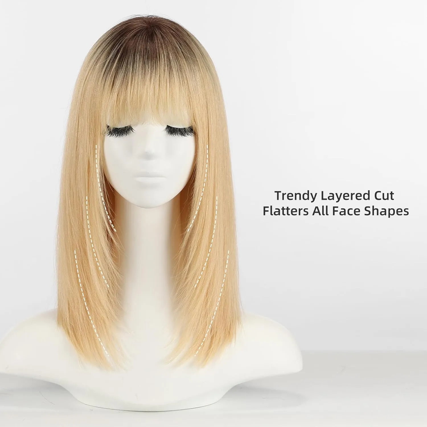 Ombre Blonde 16inch Human Hair Wigs for Women Shoulder Length Layered Real Hair Wig with Natural Look and Bangs