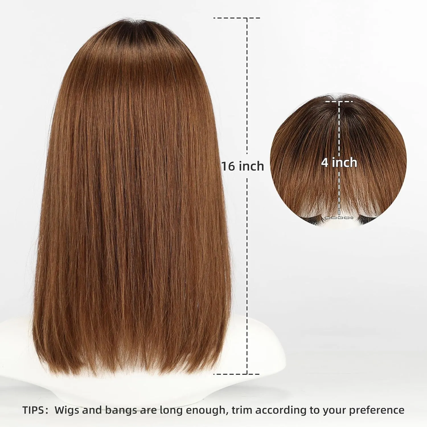 Ombre Dark Brown 16inch Human Hair Wigs for Women Shoulder Length Layered Real Hair Wig with Natural Look and Bangs