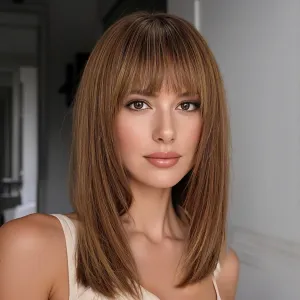 Ombre Dark Brown 16inch Human Hair Wigs for Women Shoulder Length Layered Real Hair Wig with Natural Look and Bangs