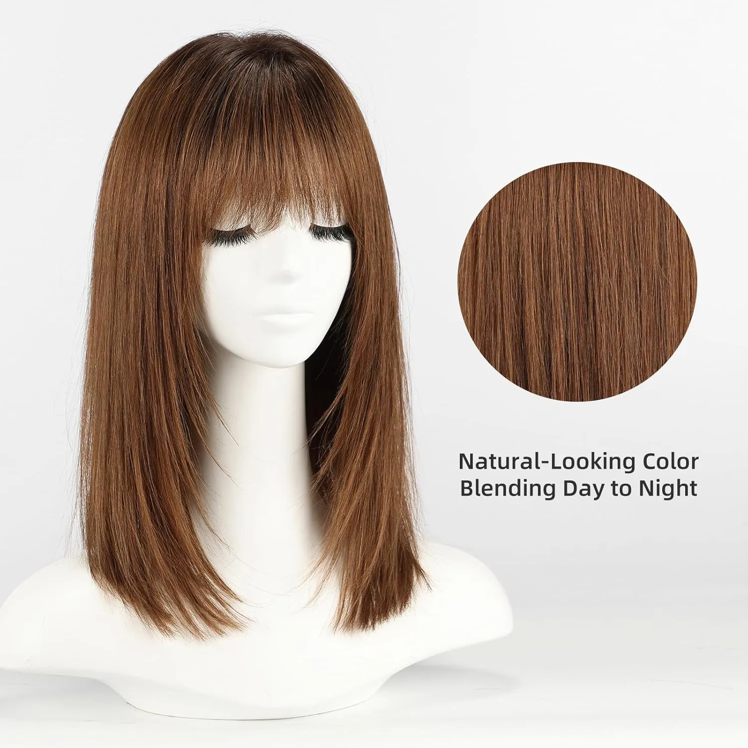 Ombre Dark Brown 16inch Human Hair Wigs for Women Shoulder Length Layered Real Hair Wig with Natural Look and Bangs
