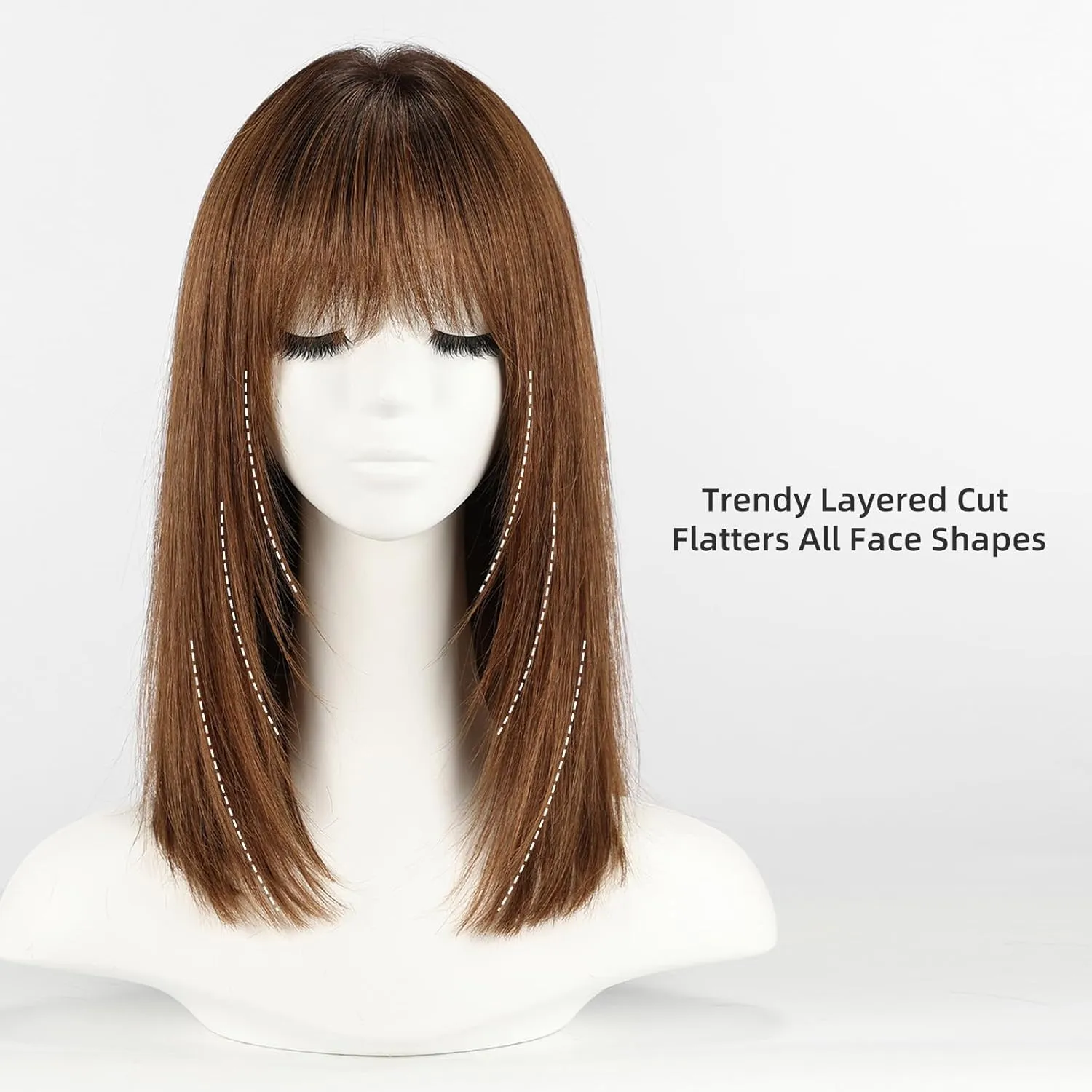 Ombre Dark Brown 16inch Human Hair Wigs for Women Shoulder Length Layered Real Hair Wig with Natural Look and Bangs