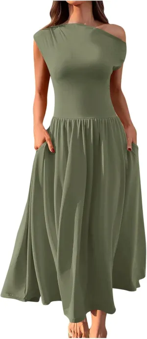 One Shoulder Maxi Dress for Women Casual Loose Fit Sundress with Pockets Elegant Summer Vacation