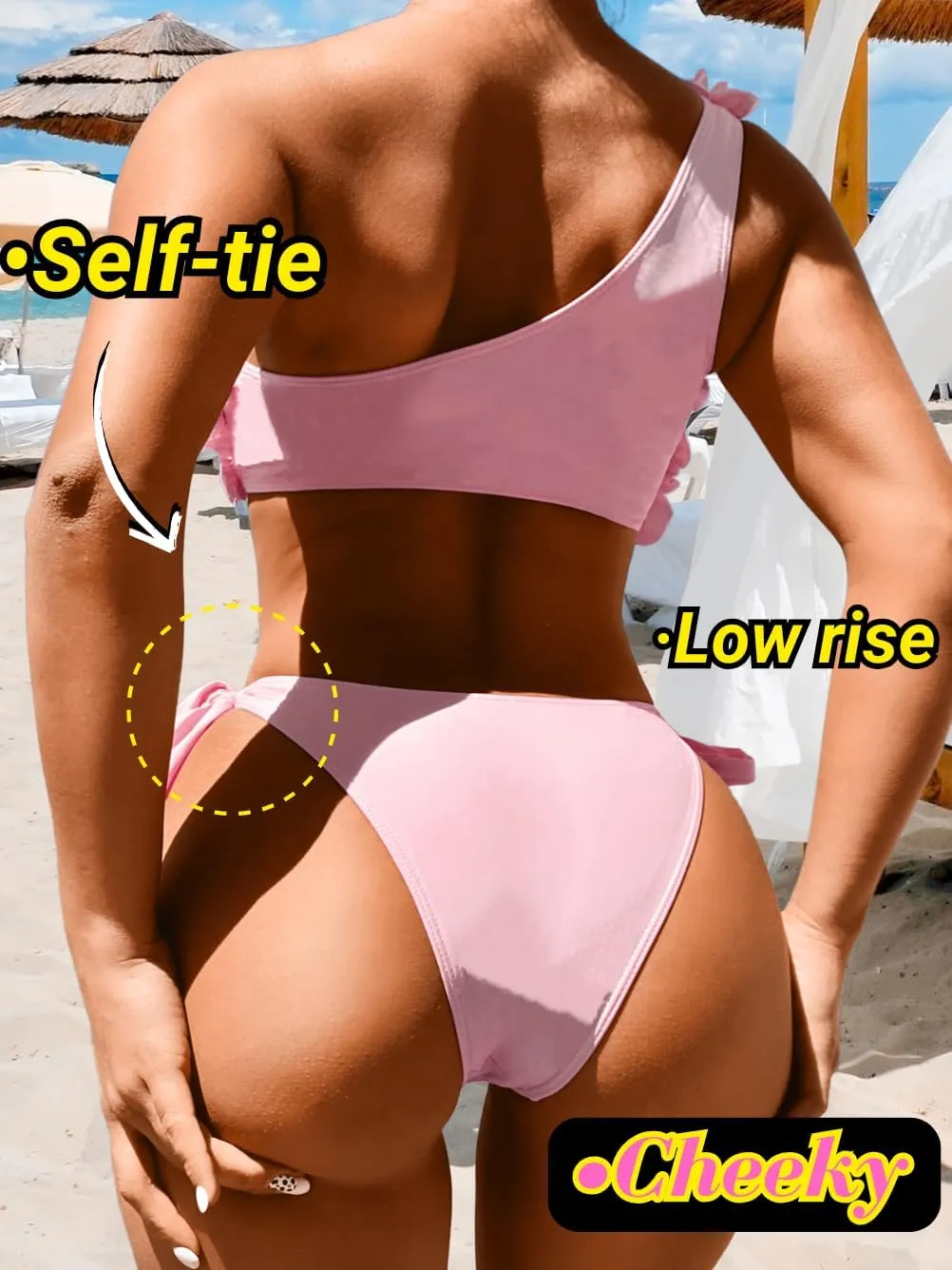 One Shoulder Ruffle Bikini,Low Rise Cheeky Two Piece Swimsuit for Women,Sexy Bathing Suit Pool Party