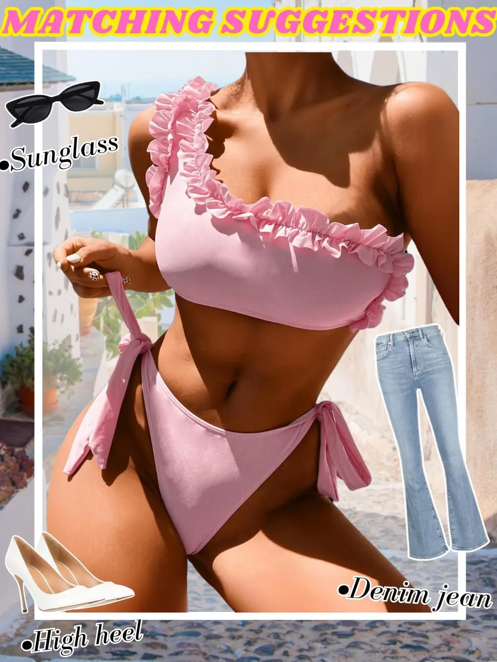 One Shoulder Ruffle Bikini,Low Rise Cheeky Two Piece Swimsuit for Women,Sexy Bathing Suit Pool Party