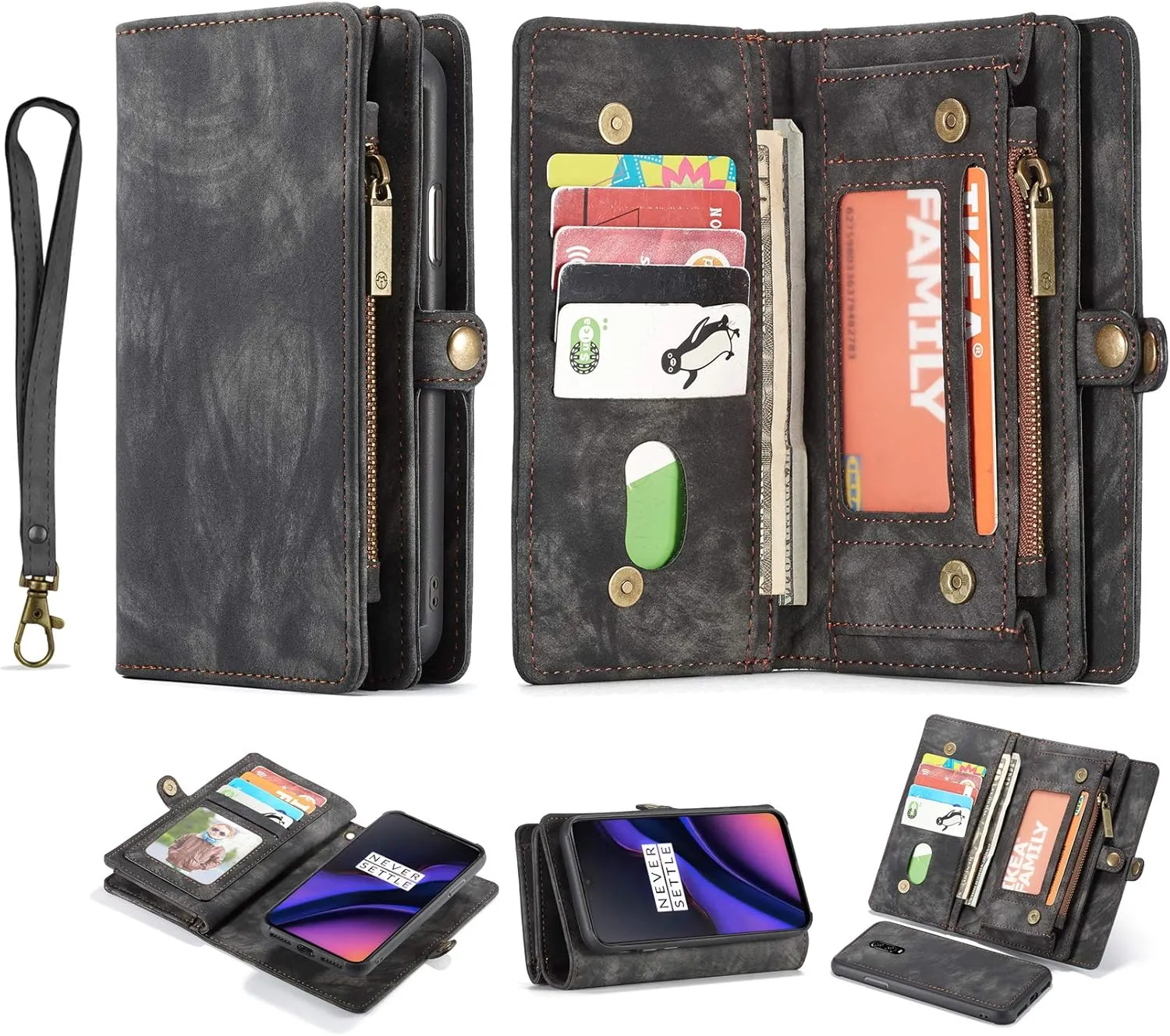 OnePlus 7 Pro Leather Wallet Zipper Purse Detachable Card Slots Holder Flip Case Magnetic Wrist Strap Handle Shockproof Cover Pocket Wallet Handbag for OnePlus 7 Pro 1 7 Pro (Black)