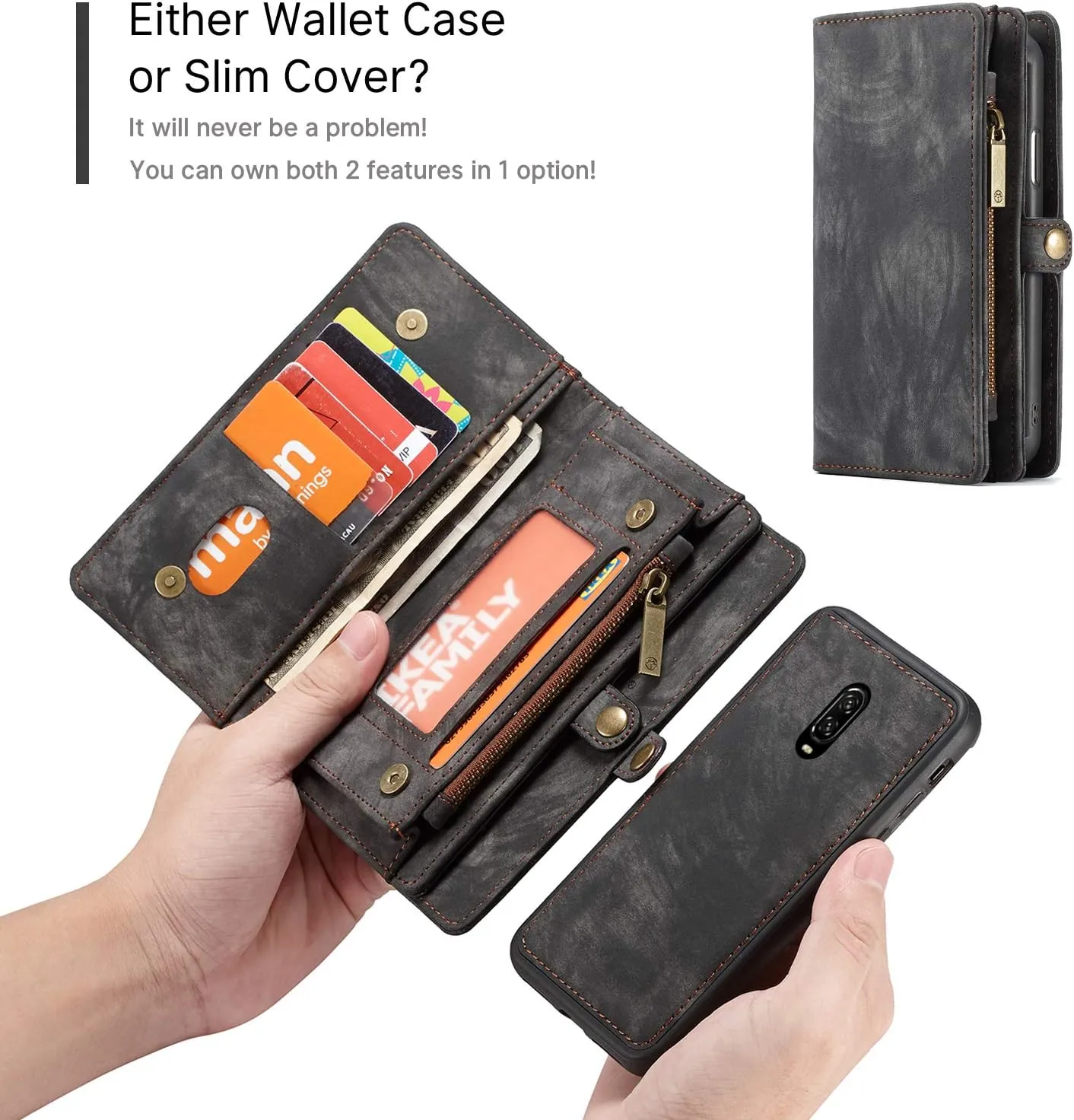OnePlus 7 Pro Leather Wallet Zipper Purse Detachable Card Slots Holder Flip Case Magnetic Wrist Strap Handle Shockproof Cover Pocket Wallet Handbag for OnePlus 7 Pro 1 7 Pro (Black)