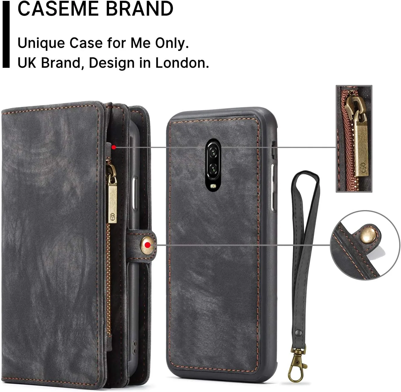 OnePlus 7 Pro Leather Wallet Zipper Purse Detachable Card Slots Holder Flip Case Magnetic Wrist Strap Handle Shockproof Cover Pocket Wallet Handbag for OnePlus 7 Pro 1 7 Pro (Black)