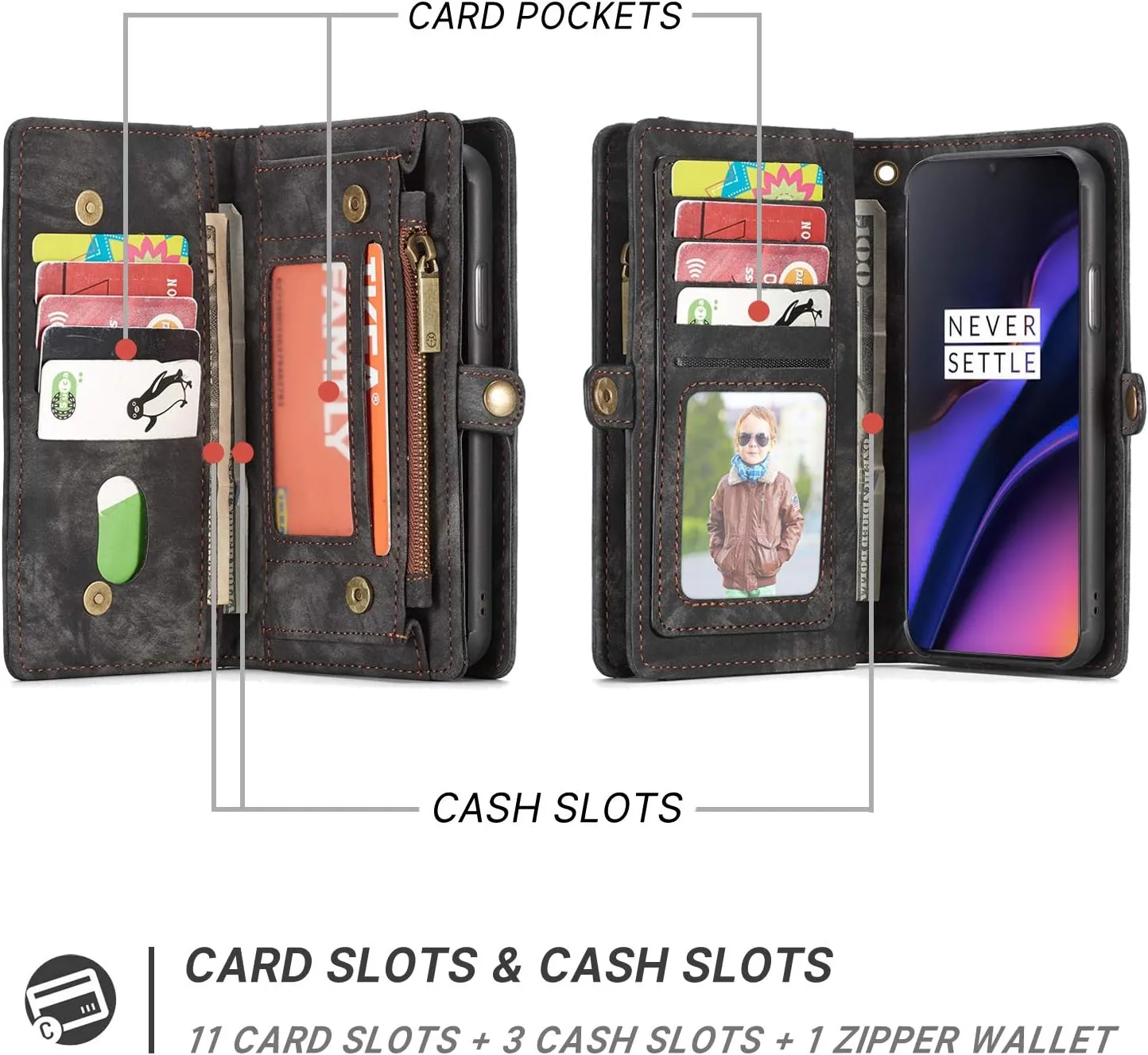 OnePlus 7 Pro Leather Wallet Zipper Purse Detachable Card Slots Holder Flip Case Magnetic Wrist Strap Handle Shockproof Cover Pocket Wallet Handbag for OnePlus 7 Pro 1 7 Pro (Black)