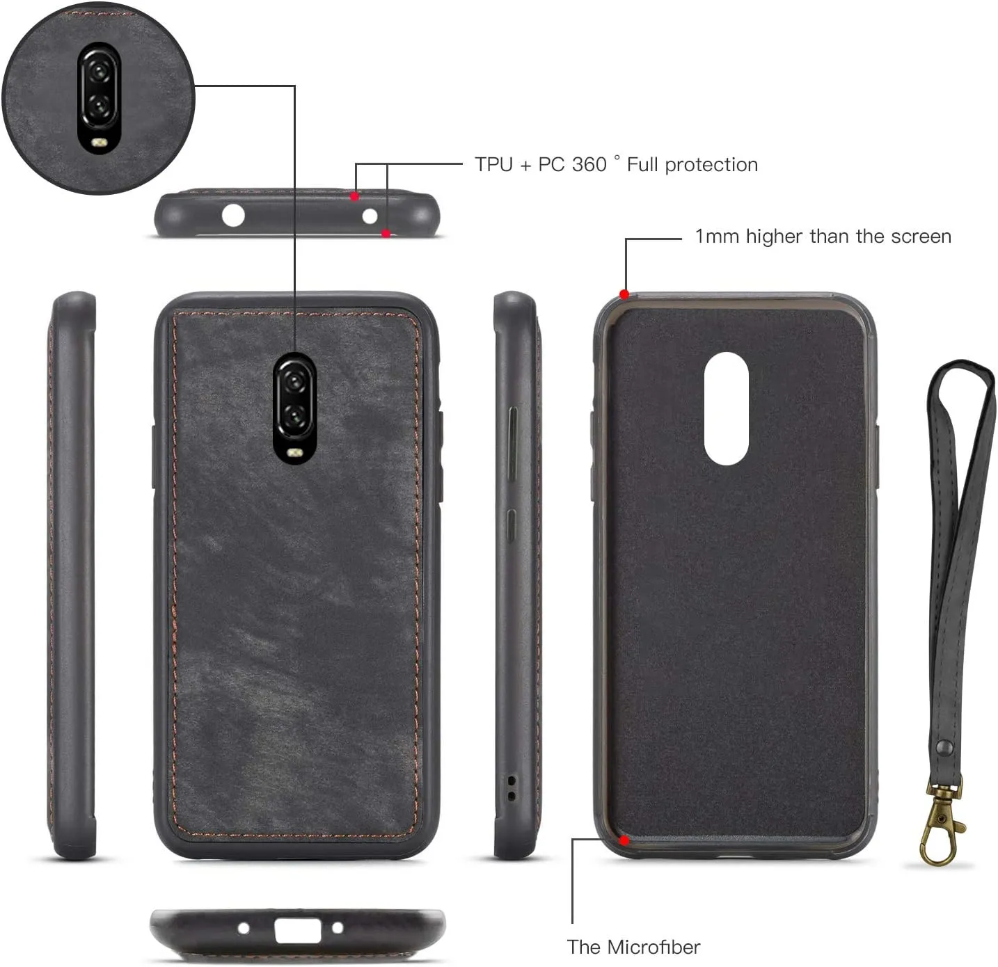 OnePlus 7 Pro Leather Wallet Zipper Purse Detachable Card Slots Holder Flip Case Magnetic Wrist Strap Handle Shockproof Cover Pocket Wallet Handbag for OnePlus 7 Pro 1 7 Pro (Black)