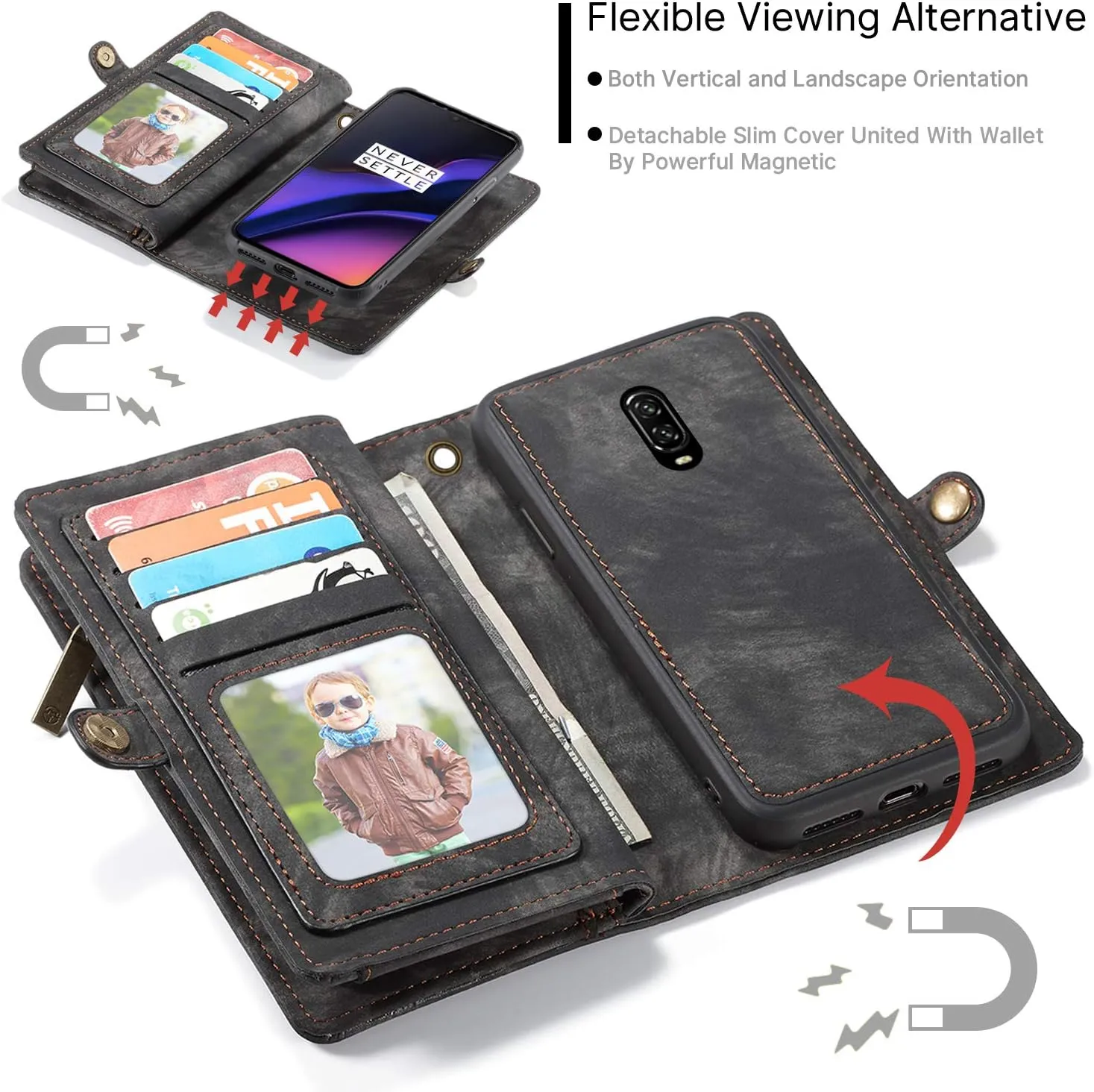 OnePlus 7 Pro Leather Wallet Zipper Purse Detachable Card Slots Holder Flip Case Magnetic Wrist Strap Handle Shockproof Cover Pocket Wallet Handbag for OnePlus 7 Pro 1 7 Pro (Black)