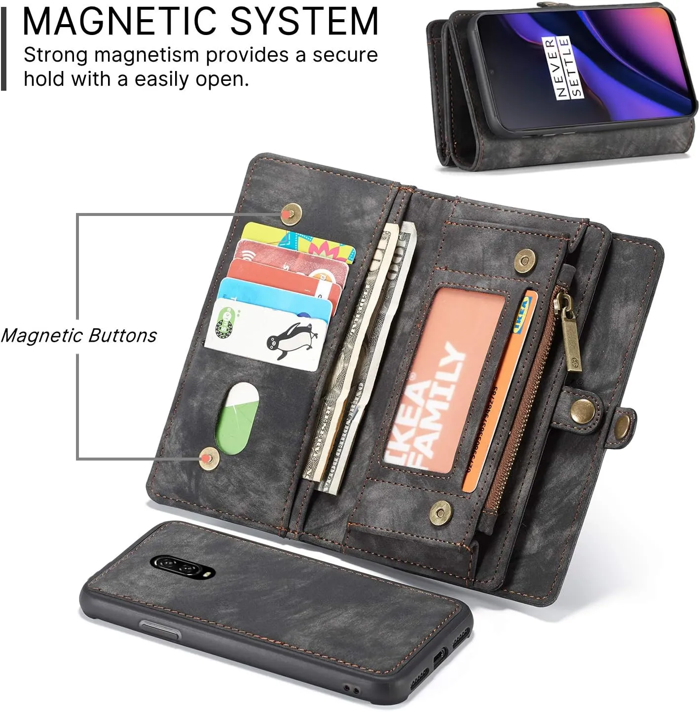 OnePlus 7 Pro Leather Wallet Zipper Purse Detachable Card Slots Holder Flip Case Magnetic Wrist Strap Handle Shockproof Cover Pocket Wallet Handbag for OnePlus 7 Pro 1 7 Pro (Black)