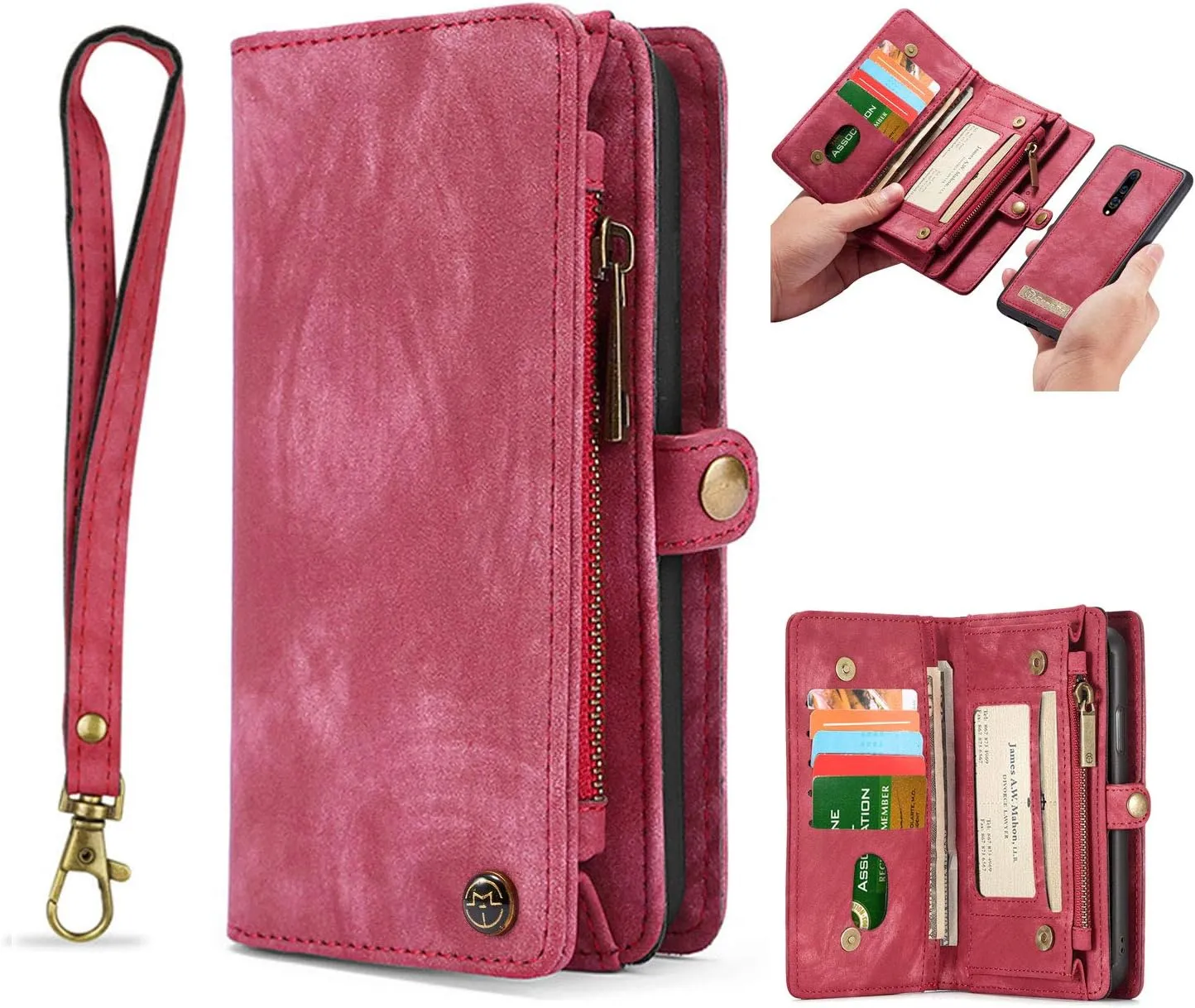 OnePlus 8 Leather Wallet Detachable Zipper Case 11 Card Slots Holder OnePlus 8 Flip Magnetic case Handle Wrist Strap Shockproof Pocket Handbag for Man Woman (OnePlus 8, Red)