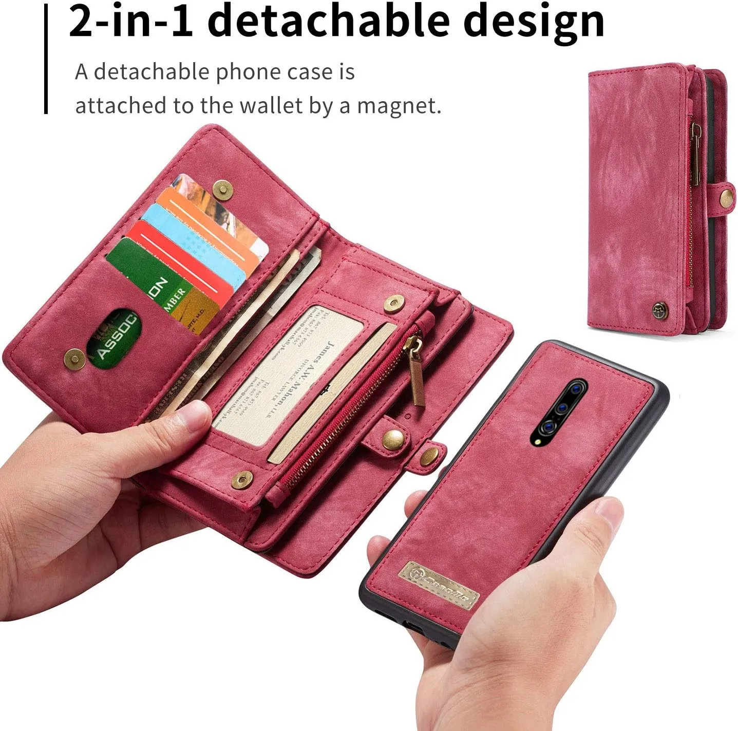 OnePlus 8 Leather Wallet Detachable Zipper Case 11 Card Slots Holder OnePlus 8 Flip Magnetic case Handle Wrist Strap Shockproof Pocket Handbag for Man Woman (OnePlus 8, Red)