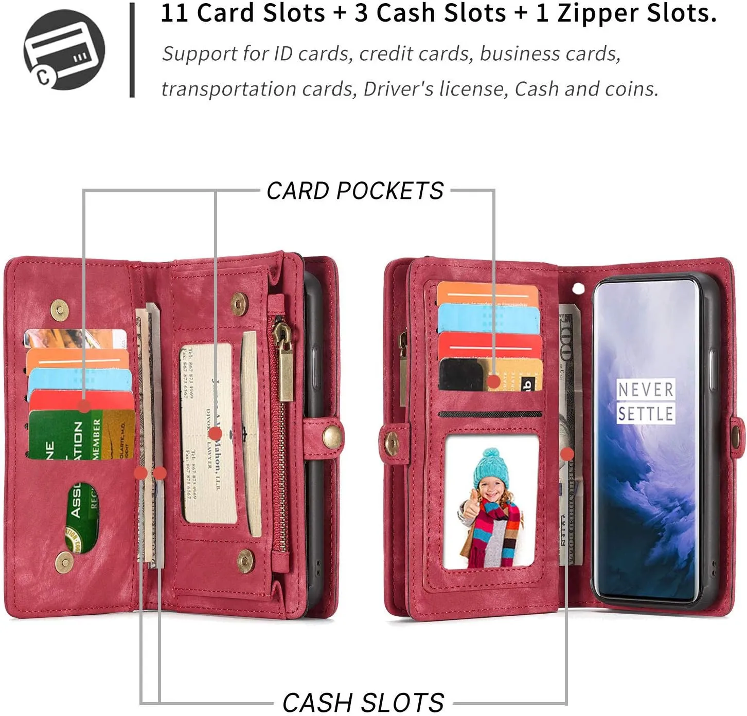 OnePlus 8 Leather Wallet Detachable Zipper Case 11 Card Slots Holder OnePlus 8 Flip Magnetic case Handle Wrist Strap Shockproof Pocket Handbag for Man Woman (OnePlus 8, Red)
