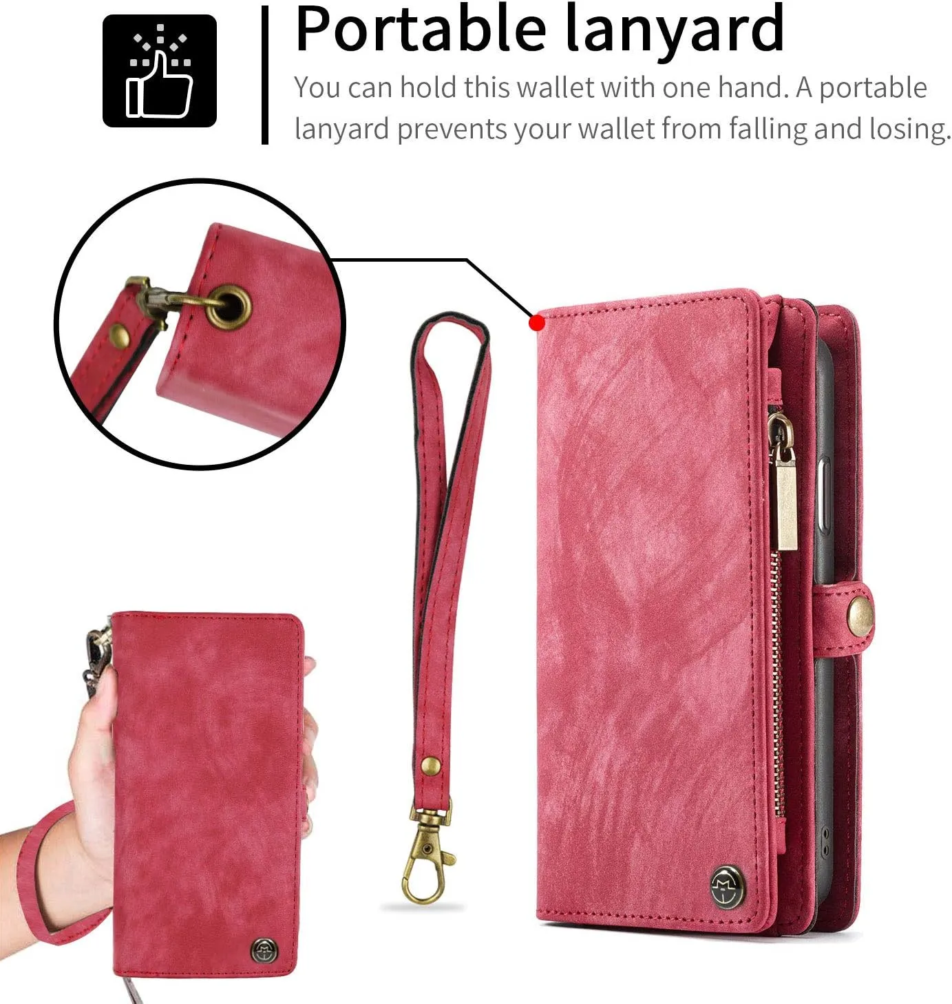OnePlus 8 Leather Wallet Detachable Zipper Case 11 Card Slots Holder OnePlus 8 Flip Magnetic case Handle Wrist Strap Shockproof Pocket Handbag for Man Woman (OnePlus 8, Red)