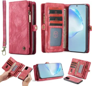 OnePlus 8 Leather Wallet Detachable Zipper Case 11 Card Slots Holder OnePlus 8 Flip Magnetic case Handle Wrist Strap Shockproof Pocket Handbag for Man Woman (OnePlus 8, Red)