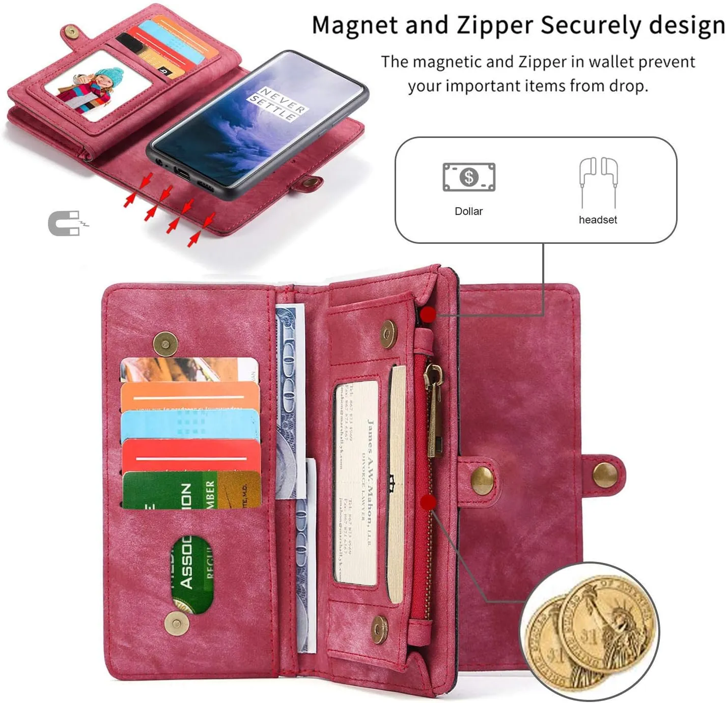 OnePlus 8 Leather Wallet Detachable Zipper Case 11 Card Slots Holder OnePlus 8 Flip Magnetic case Handle Wrist Strap Shockproof Pocket Handbag for Man Woman (OnePlus 8, Red)
