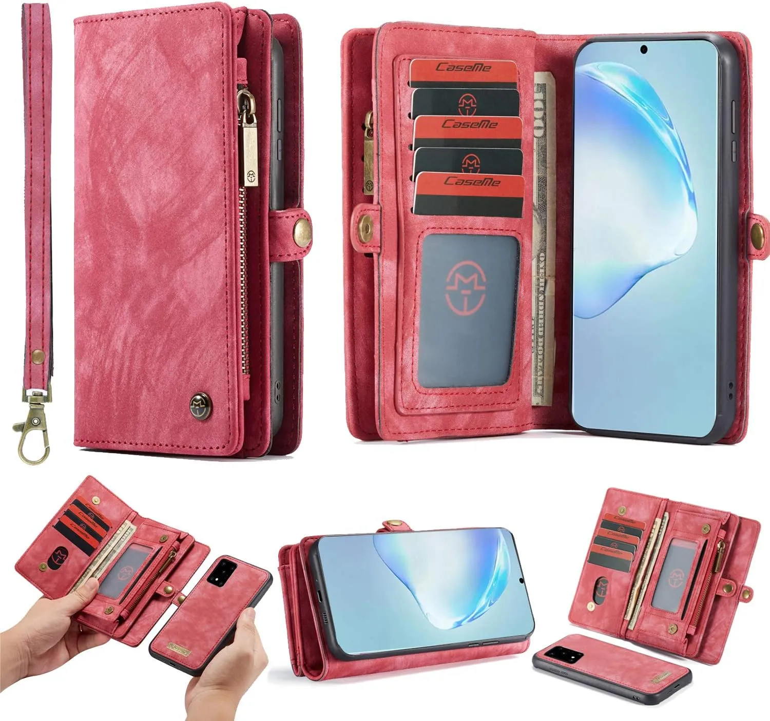 OnePlus 8 Leather Wallet Detachable Zipper Case 11 Card Slots Holder OnePlus 8 Flip Magnetic case Handle Wrist Strap Shockproof Pocket Handbag for Man Woman (OnePlus 8, Red)