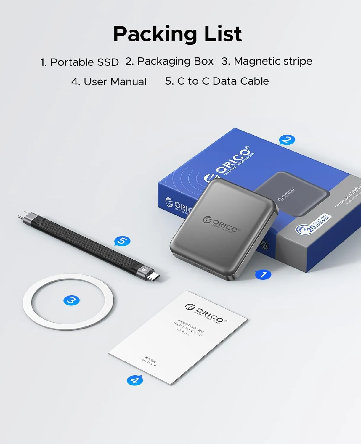 ORICO 512 GB Magnetic External SSD, 4K ProRes HDR Record and Store, 2000MB/s Stable Transmission and Storage, Portable Solid State Drive, Compatible with Smartphone, Tablet, Computer - A20PLUS