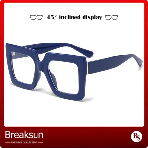 Oversized Blue Light Glasses for Women Fashion Thick Square Computer Eyewear Non-Prescription Black Glasses (Dark Blue)