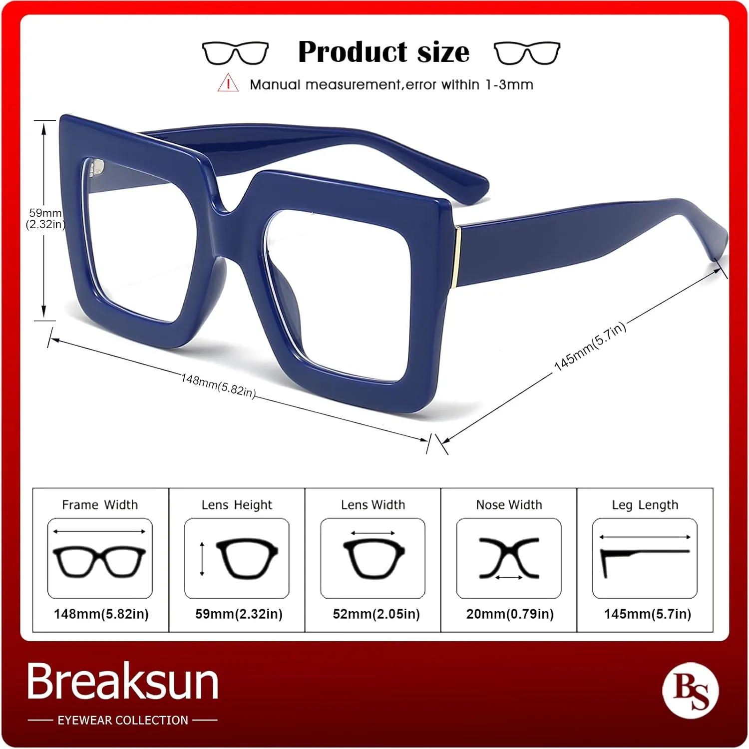Oversized Blue Light Glasses for Women Fashion Thick Square Computer Eyewear Non-Prescription Black Glasses (Dark Blue)