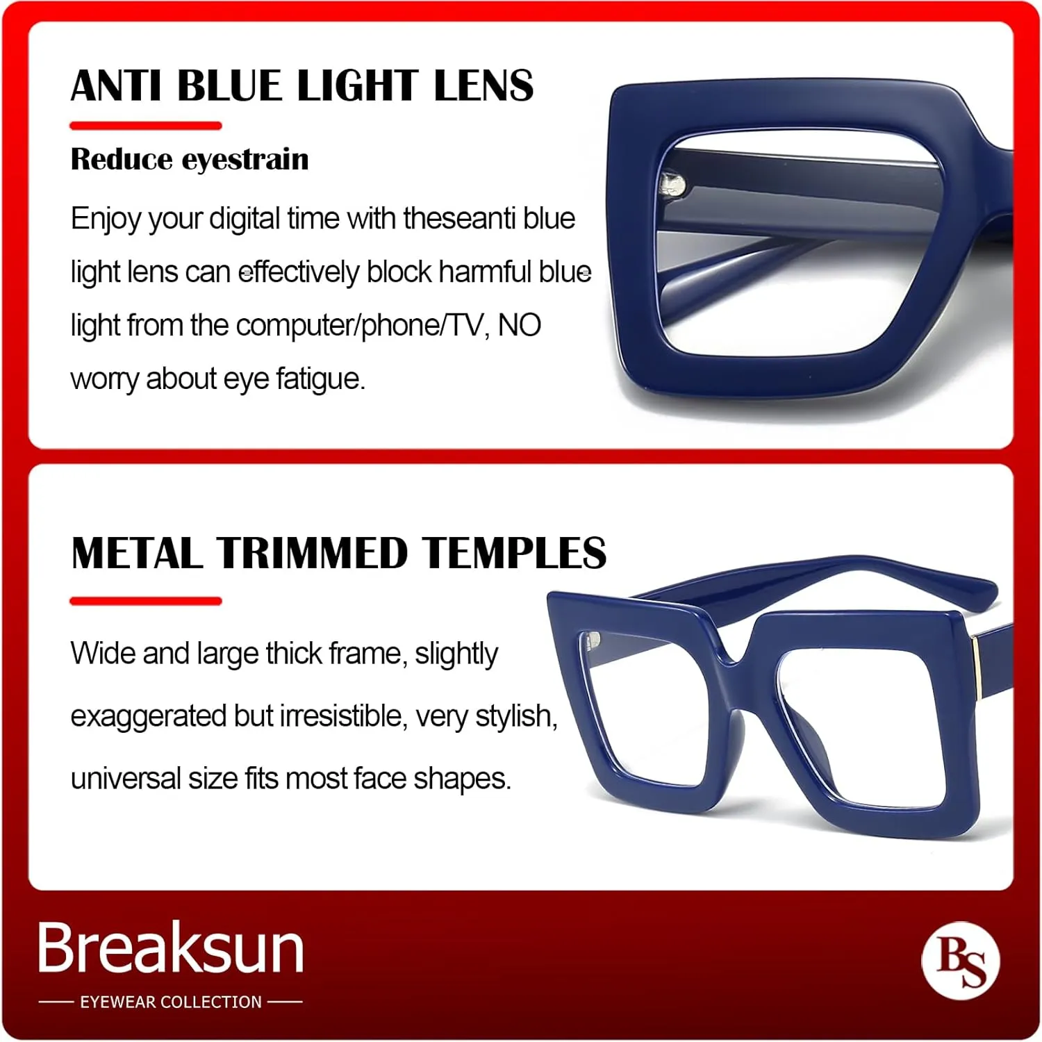 Oversized Blue Light Glasses for Women Fashion Thick Square Computer Eyewear Non-Prescription Black Glasses (Dark Blue)