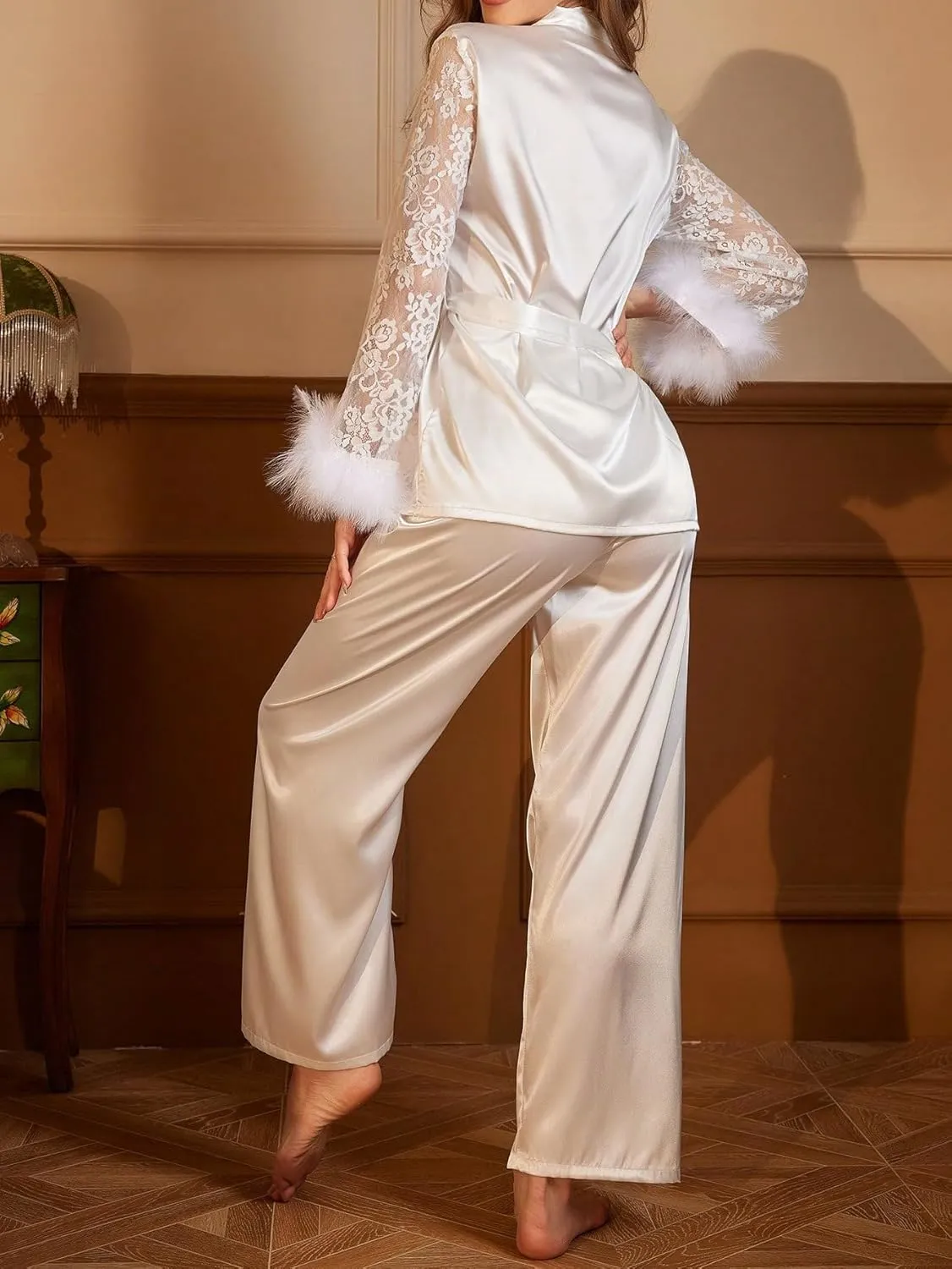 OYOANGLE Women's 2 Piece Satin Pajama Set Contrast Lace Fuzzy Long Sleeve Wrap Belted Top and Pants Sleepwear