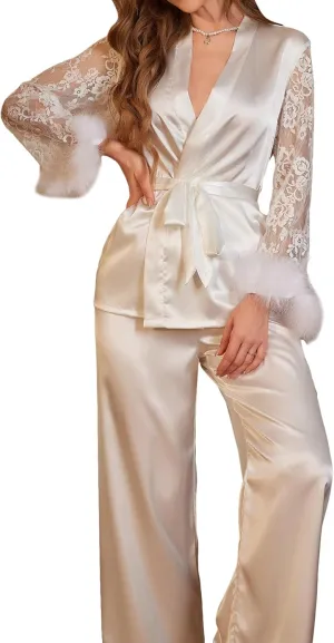 OYOANGLE Women's 2 Piece Satin Pajama Set Contrast Lace Fuzzy Long Sleeve Wrap Belted Top and Pants Sleepwear