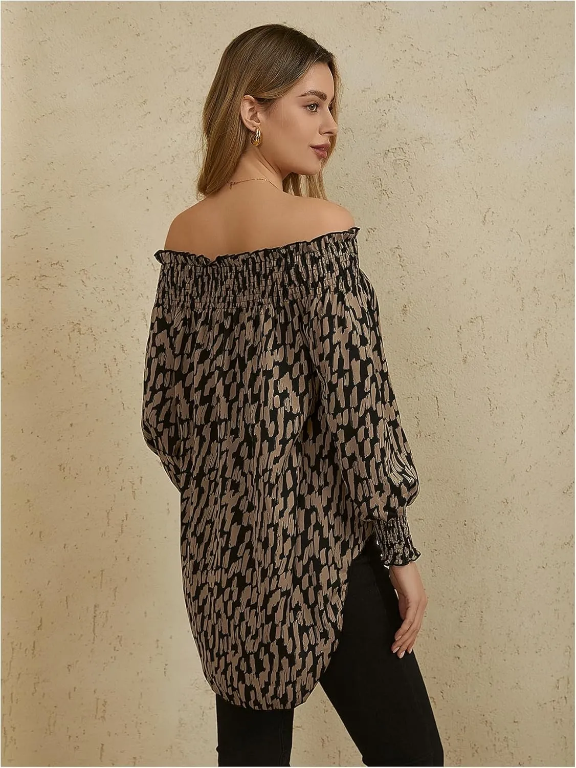 OYOANGLE Women's Off Shoulder High Low Tunic Tops Allover Print Long Puff Sleeve Blouse